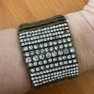 Vintage Style Brass Tone Rhinestone Wide Stretch Cuff‎ Statement Bracelet
